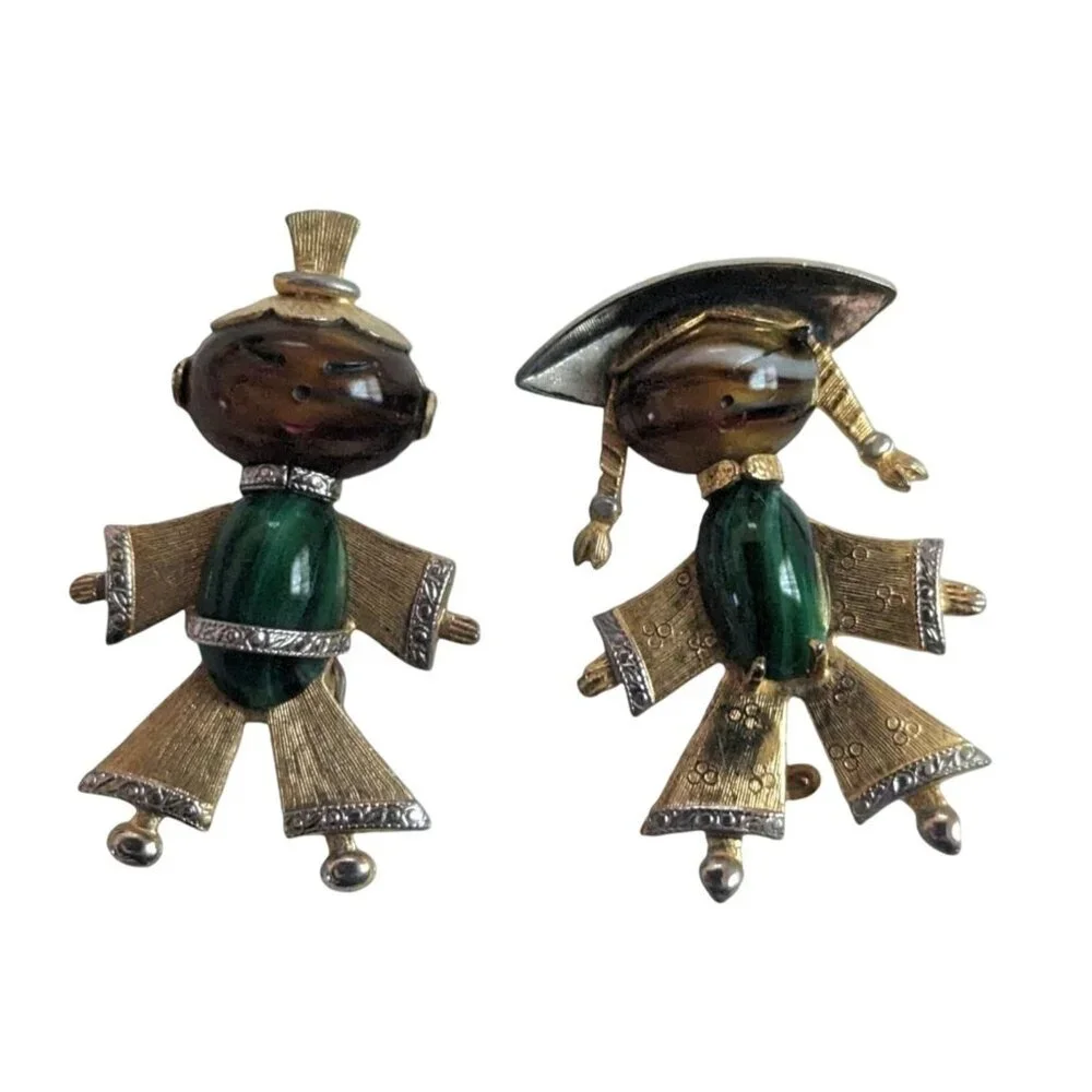 Vintage‎ Asian Figural Brooch Set Gold Tone Green Brown Stone Boy Girl Pins